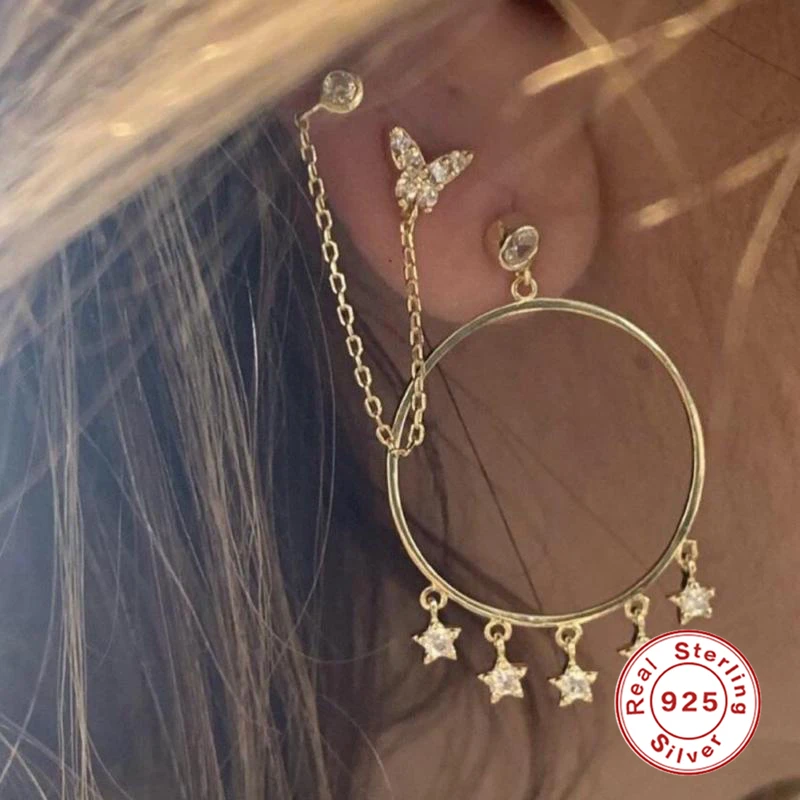 

GS S925 Sterling Silver Crystal Zircon Chain Earring for Women Butterfly Cross Petal CZ Stud Earrings Wedding Gift Fine Jewelry