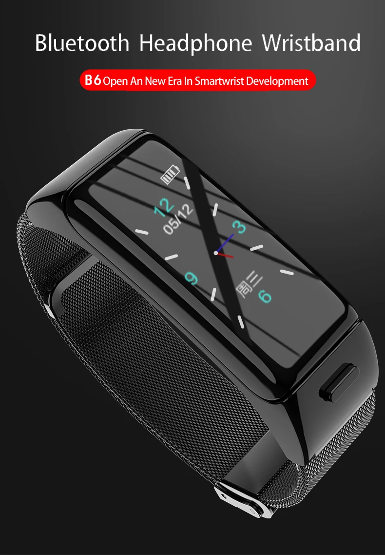 B6 Bluetooth earphone smart headset watch with microphone Smart Bracelet Waterproof touch screen Watch Band Alarm Clock