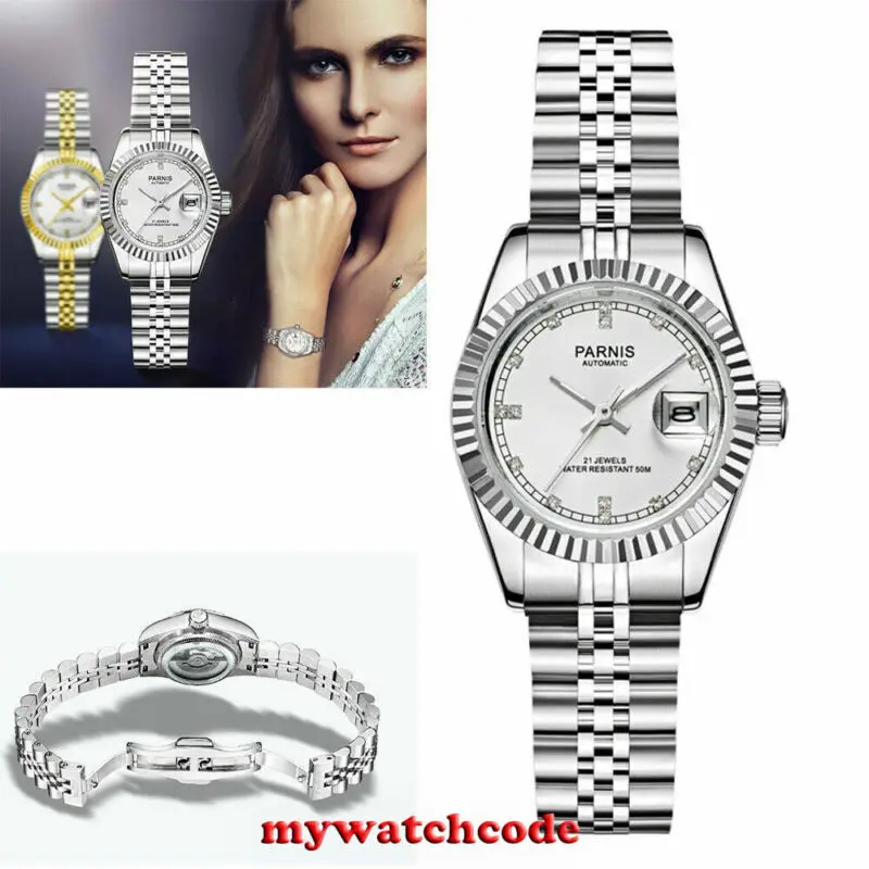 

26mm PARNIS Silver Dial 21 Jewels Miyota Luminous Date Automatic Ladys Watch Jubilee Bracelet Glass Back