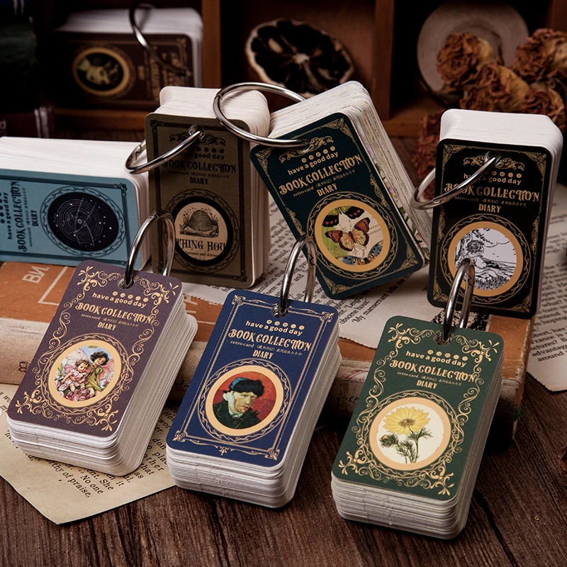 

RI YO100pcs Retro Famous Painting small card library diary DIY diary project with buckle can write notes message Lomo cards