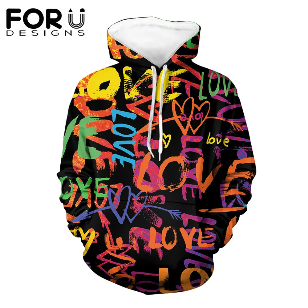 

FORUDESIGNS Colorful Love Letter Printing Black Harajuku Hooded Sweatshirt for Girls Autumn Casual Cute Teenager Outdoor Hoodies