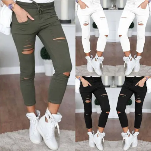 

UK Women's Skinny Ripped Pants Leggings Stretch Jeans Slim Pencil Trousers