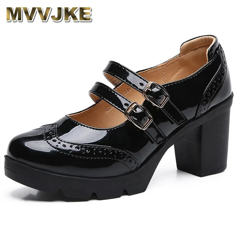 

MVVJKE Women Pumps Shoes Genuine Leather New Mary Jane High Heels Shinny Patent Woman Ladies Shoes Pumps Brogue High Square Heel