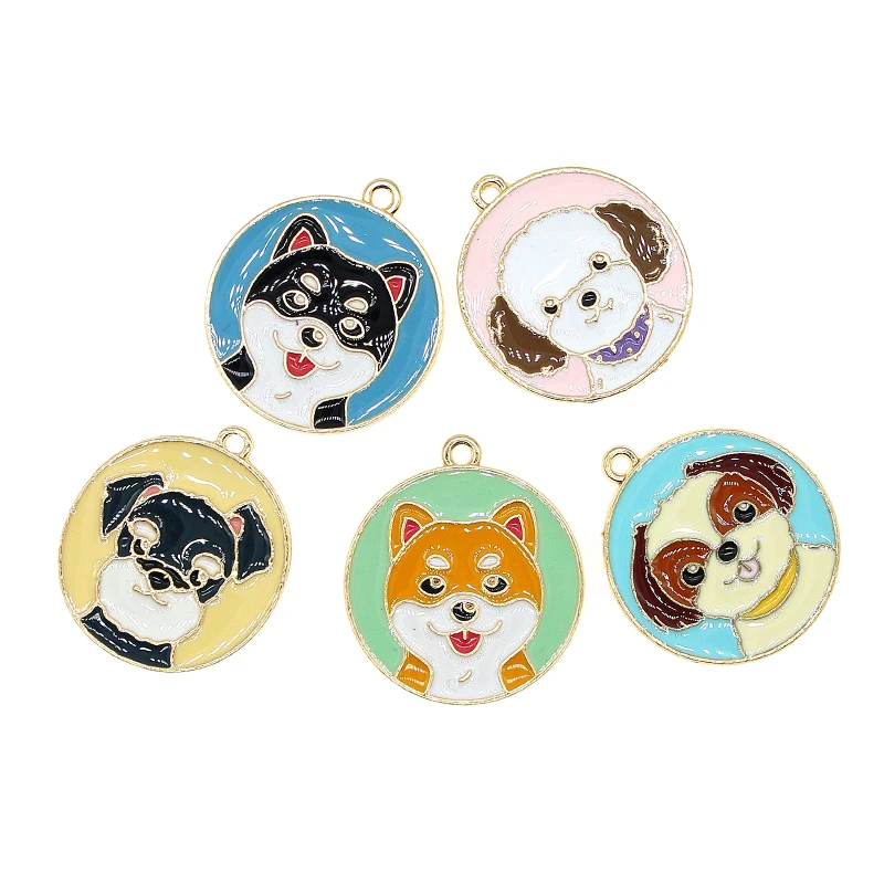 

5pcs/lot 25mm Cute Animal Enamel Avatar Dog Round Pendant Charms Kawaii Necklace Bracelet Earring Small DIY Jewelry Findings