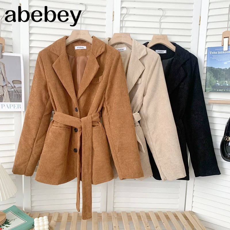 

Vintage suit collar Long Sleeve Coat high waist bandage single breasted Corduroy Blazer Top with belt 2021 New Spring Autumn