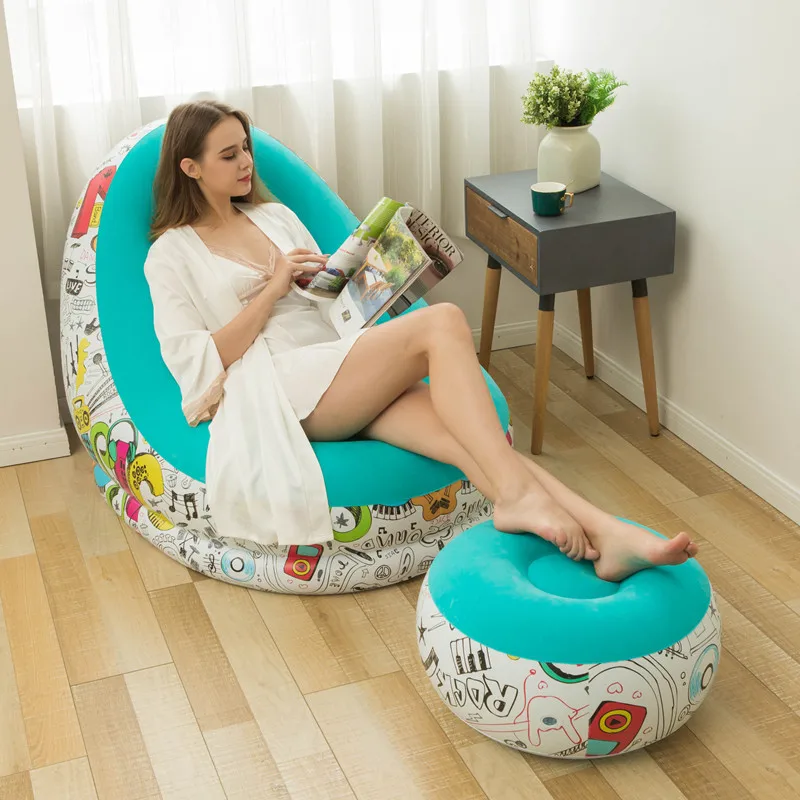 Basit 2 takım Macarone baskılı taşınabilir kanepe modüler şişme sandalye bahçe tembel açık plaj şişme yatak dış mekan mobilyası