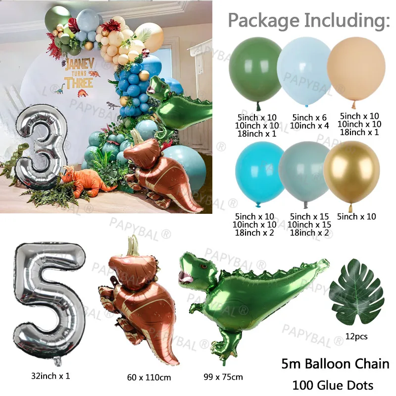 Globos de dinosaurio para cumplea&ntilde;os, guirnalda de arco para ni&ntilde;os, globo de papel de aluminio verde, jungla, Safari, Fiesta Tem&aacute;tica-4