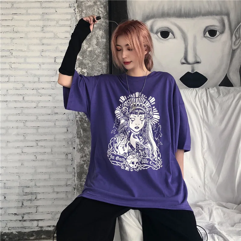 Purple Топы, одежда для женщин, Винтаж, готика, черный цвет, короткий рукав, летние футболки, темный стиль, рубашки для отдыха, Женская свободная одежда - Цвет: Purple