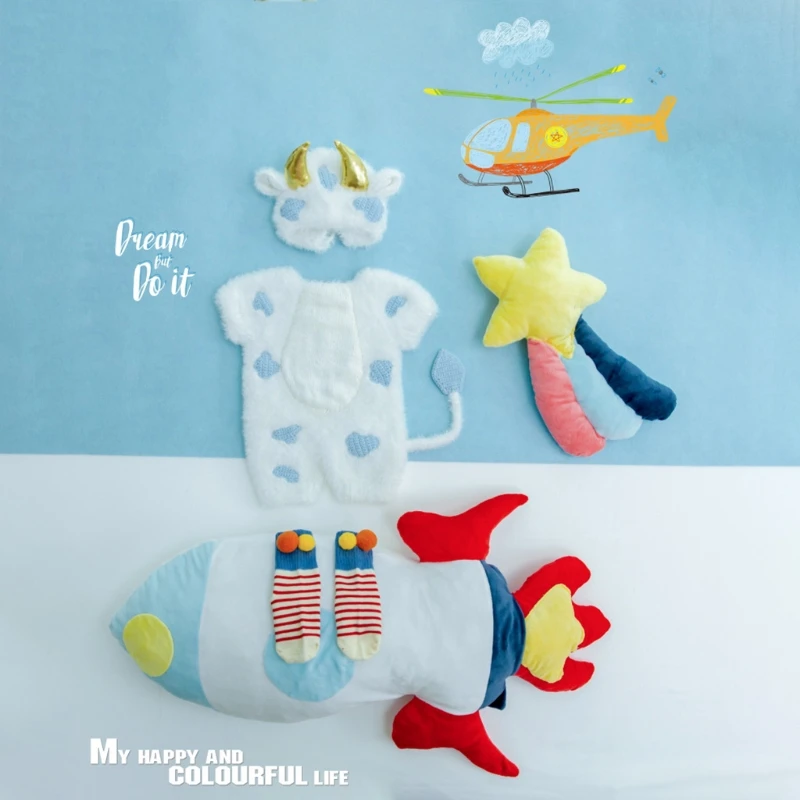 

D0AF 3/5 Pcs Baby Cotton Hat Romper Socks Set Newborn Photography Props Outfits Infants Photo Shooting Clothing