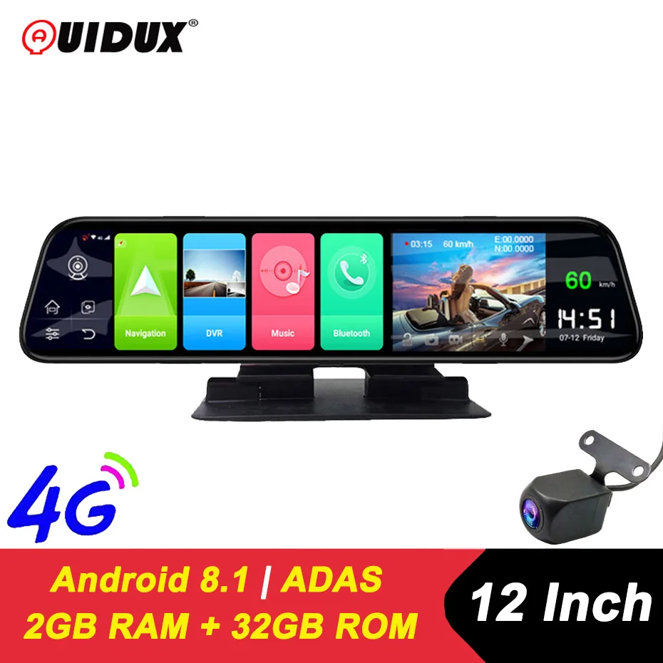 QUIDUX 12 дюймов 4G Видеорегистраторы для автомобилей Камера GPS FHD 1080P Android Dash Cam