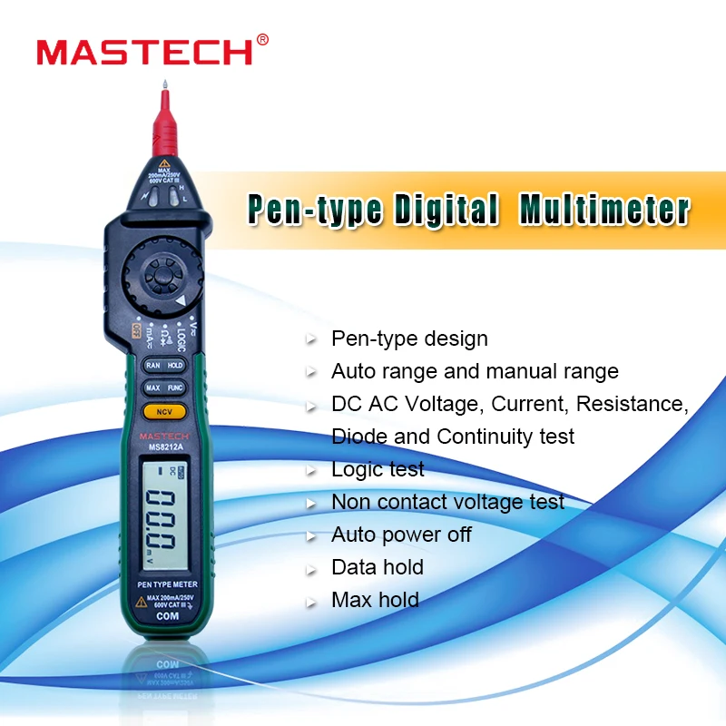 Mastech MS8212A ручка-мультиметр Тип Бесконтактное напряжение AC DC Напряжение Ток Тестер Multimetro диодный детектор VS MS8211D