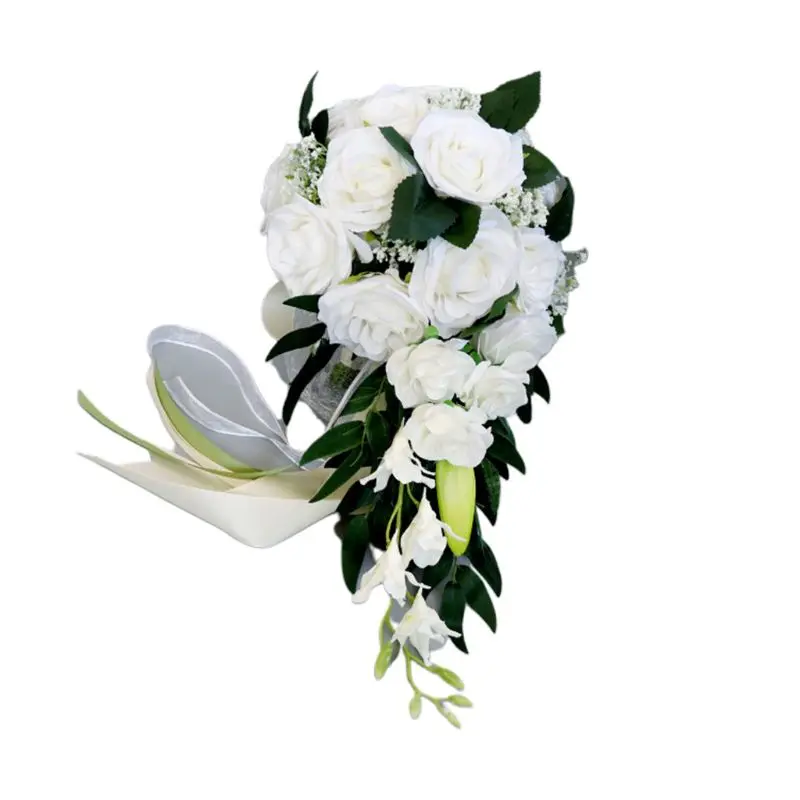 

Romantic Wedding Bridal Waterfall Bouquet Artificial Rose Flowers with Ribbon U90E