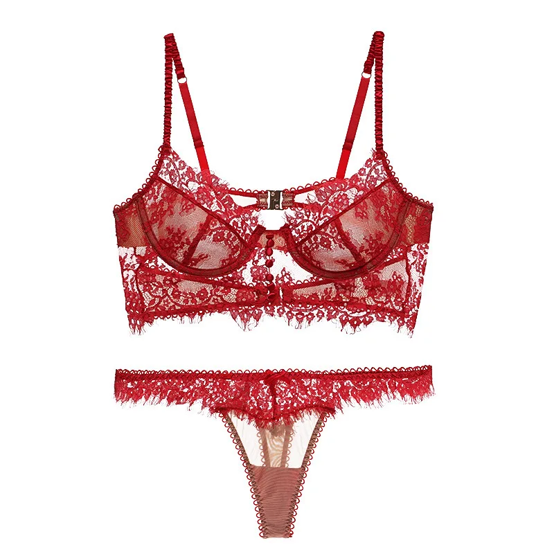 

Lace Translucent Sexy Gather Underwear Thin U-shaped Big Open Back Breathable Beautiful Back Bra Set Sexy Gathering