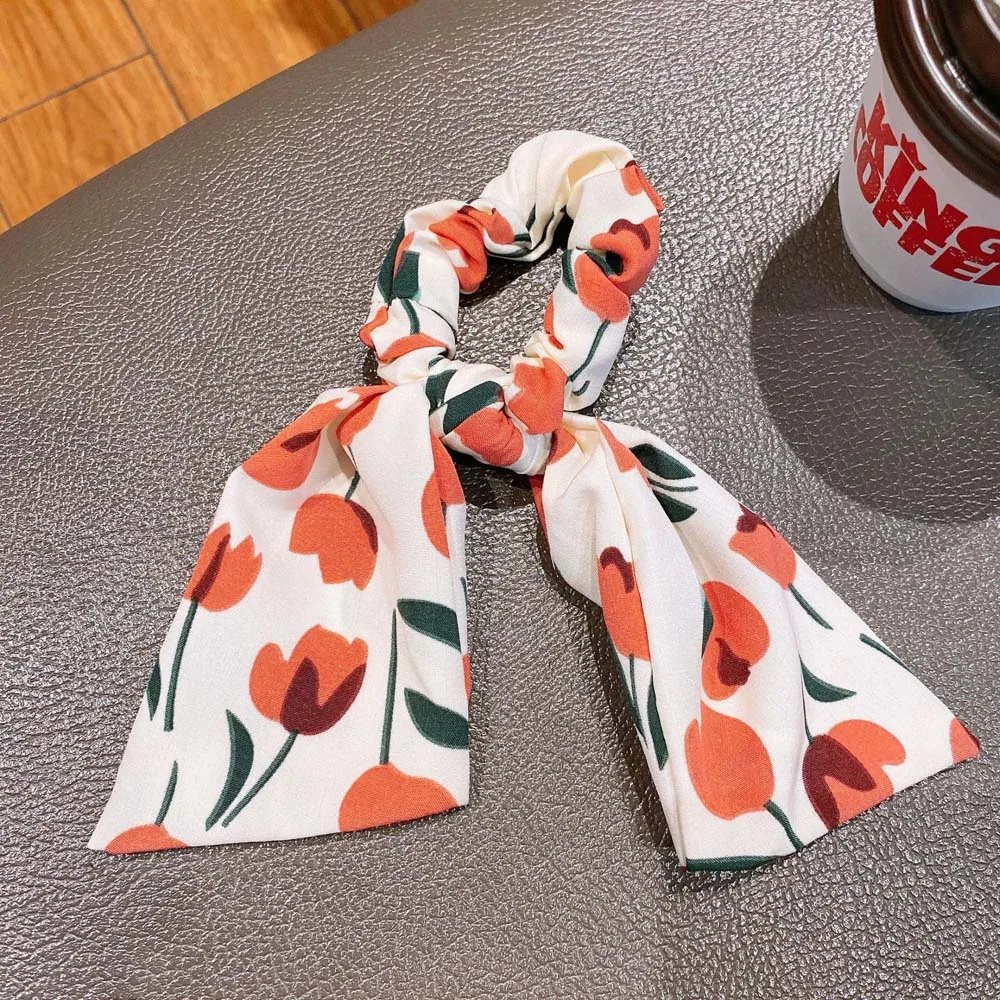 

New Cute Floral Elastic Hair Band For Women Girls Hair Rope Tulips Ribbon Chiffon Scrunchies Temperament 4 Colors Headwear