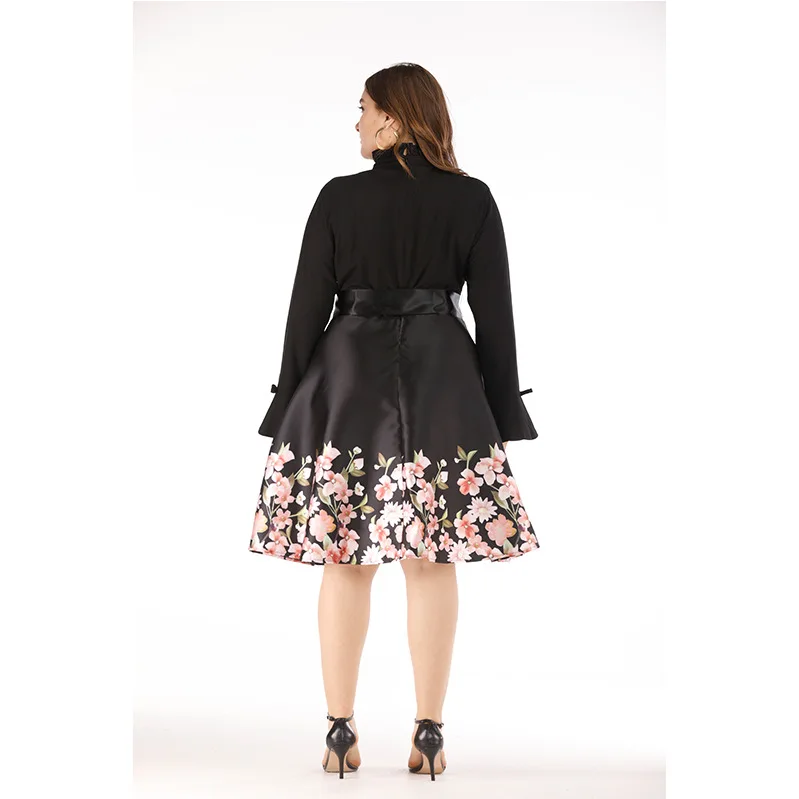 Женское винтажное платье туника размера плюс 4XL 5XL черное с длинным рукавом и