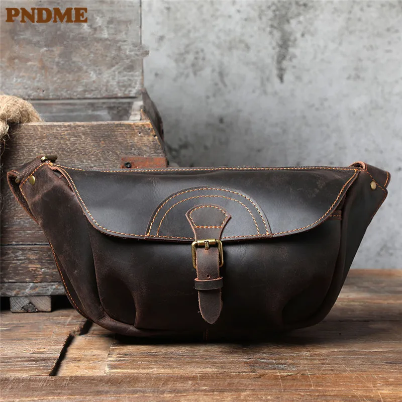 PNDME vintage real leather men's multifunctional chest bag fashion designer natural crazy horse cowhide waist bag shoulder bag