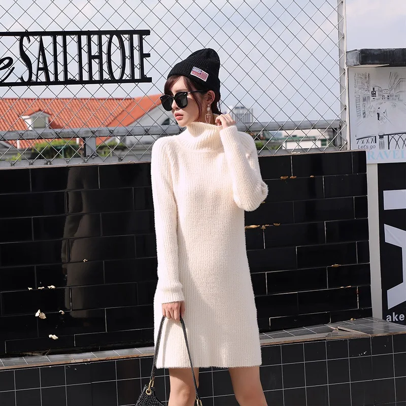 HLBCBG Women Long Sleeve Sweater Dress Thick Warm Autumn Winter Chic Turtleneck Short Mini Knitted Pullover Dresses | Женская одежда