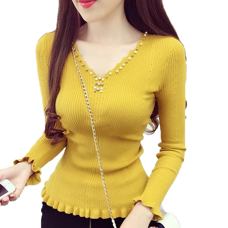 Fashion V-Neck Knitted Sweater Pullover Female Spring Autumn Women Knitwear Tops Beaded Diamonds Elasticity Slim Tight Sweater