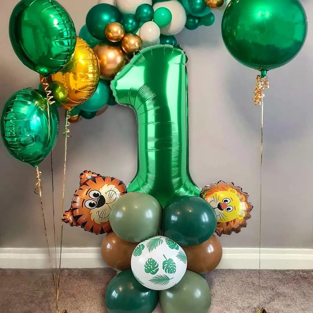 

26pcs 1-9 Green Number Balloon Kit Lion Monkey Foil Balloons For Kids Jungle Animal Birthday Safari Party Decoration DIY Supply