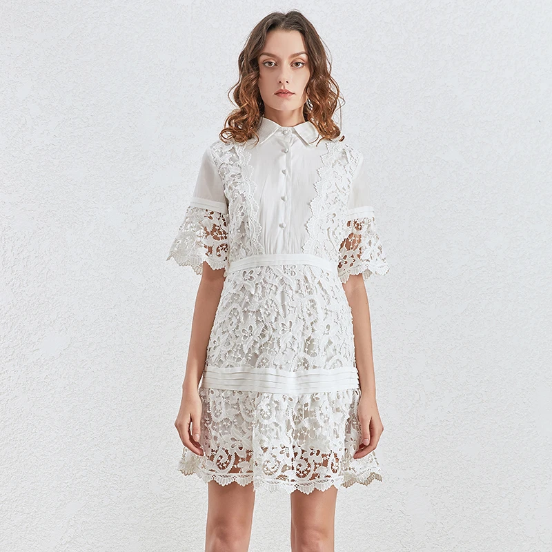 TWOTWINSTYLE Лоскутные кружевные платья женский воротник с отворотом коротким рукавом