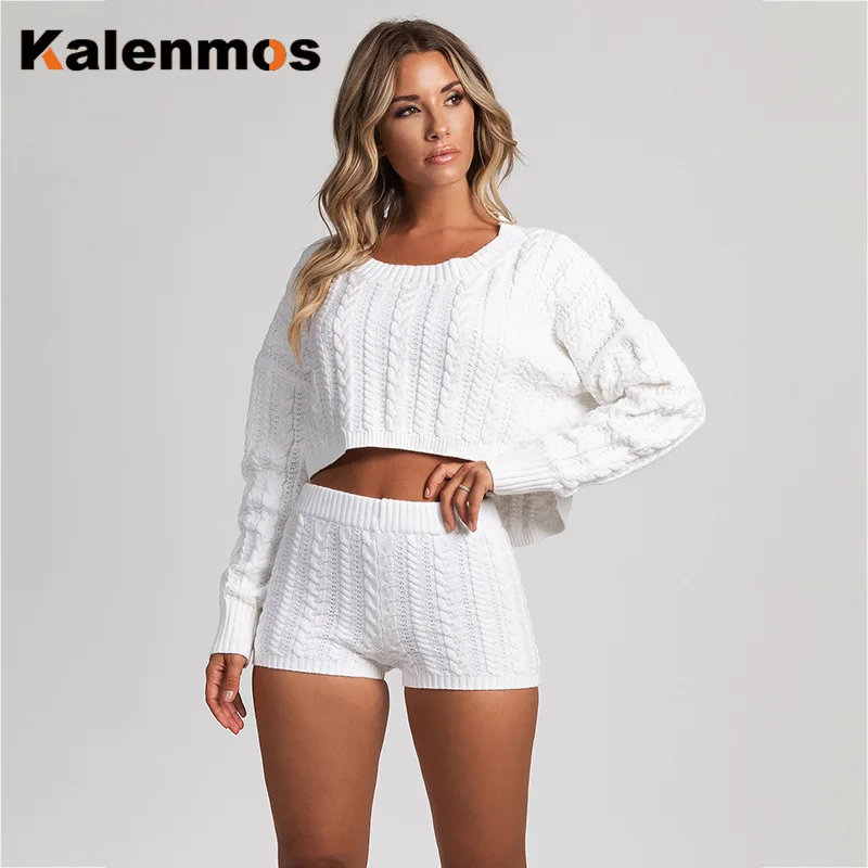 Two Piece Set Sweater Top Shorts Women 