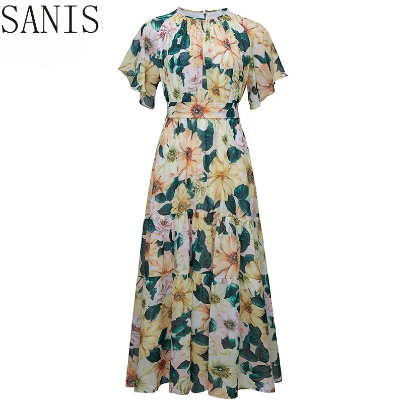 

Sanis New 2021 Designer Summer Bohemian Holiday Dress Women Short sleeve Fashion Yellow Camellia Print Long Dress