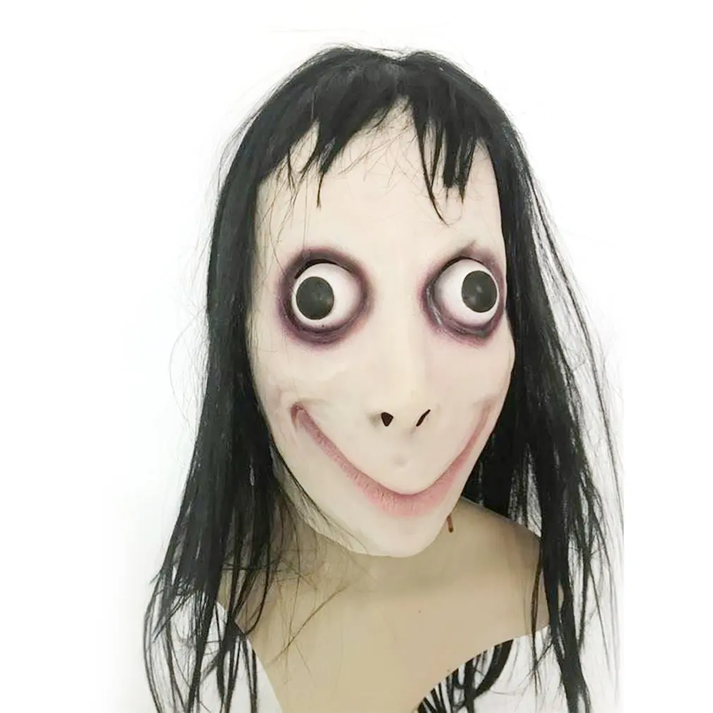 

Cosmask MOMO Scary Halloween Female Ghost Hacking Game Horror Latex Mask Death Game Scary Mask Big Eye With Long Wigs