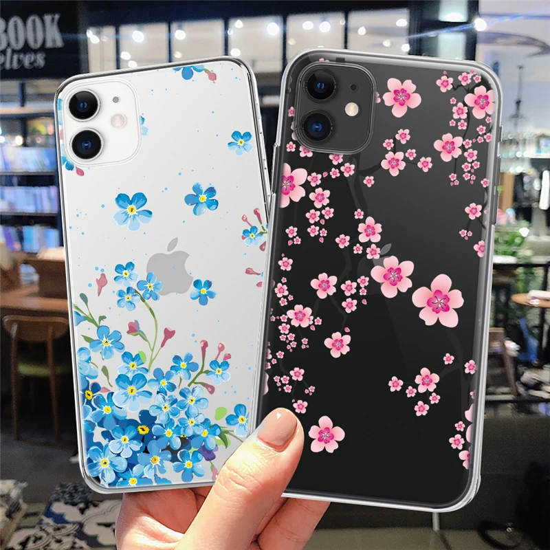 Cute Flowers Phone Case For iPhone 11 12 13 14 Pro Max 7 8 Plus X XR XS Max 13 12 SE 2020 Artistic Line Plant Clear Soft Cover