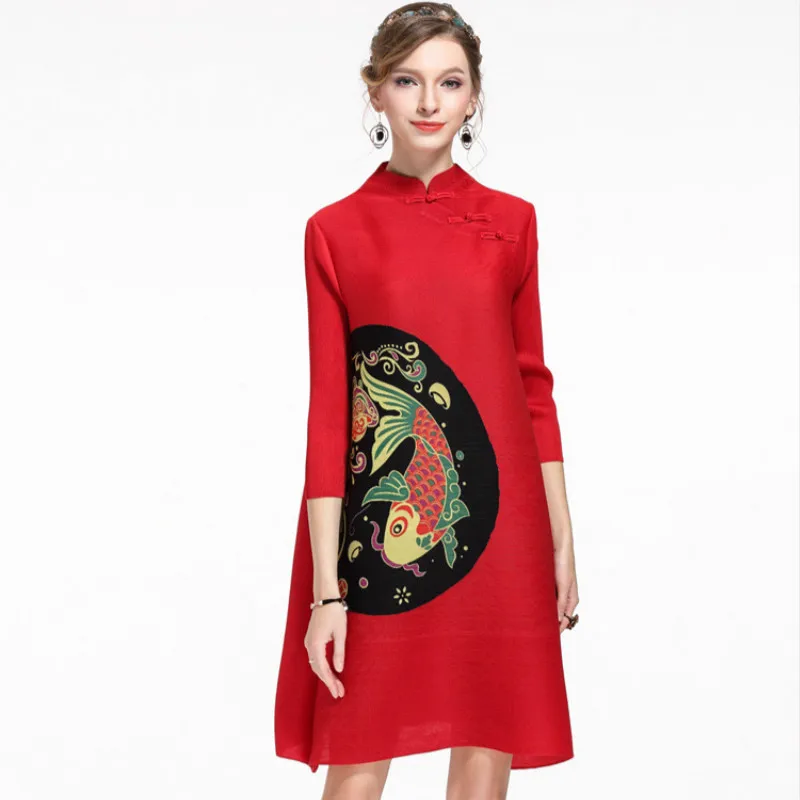 

Женское платье размера плюс Miyake, плиссированное, весна 2020, модное, в китайском стиле, с принтом, стоячий воротник, 3/4 рукава, свободное, эласти...