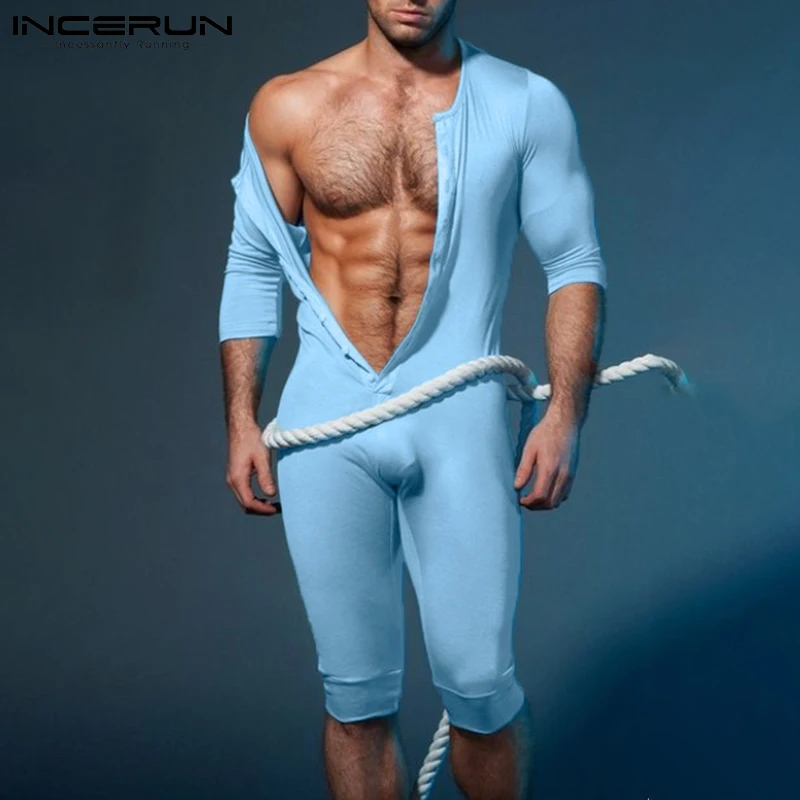INCERUN Comfortable Homewear Fashionable Casual New Men Onesies Sexy Leisure Solid Color Comfortable Sleeve Jumpsuit S-5XL 2023