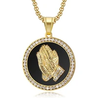 hip hop iced out praying hand pendant with mens chain gold color stainless steel cz charm round necklace jewelry male gift