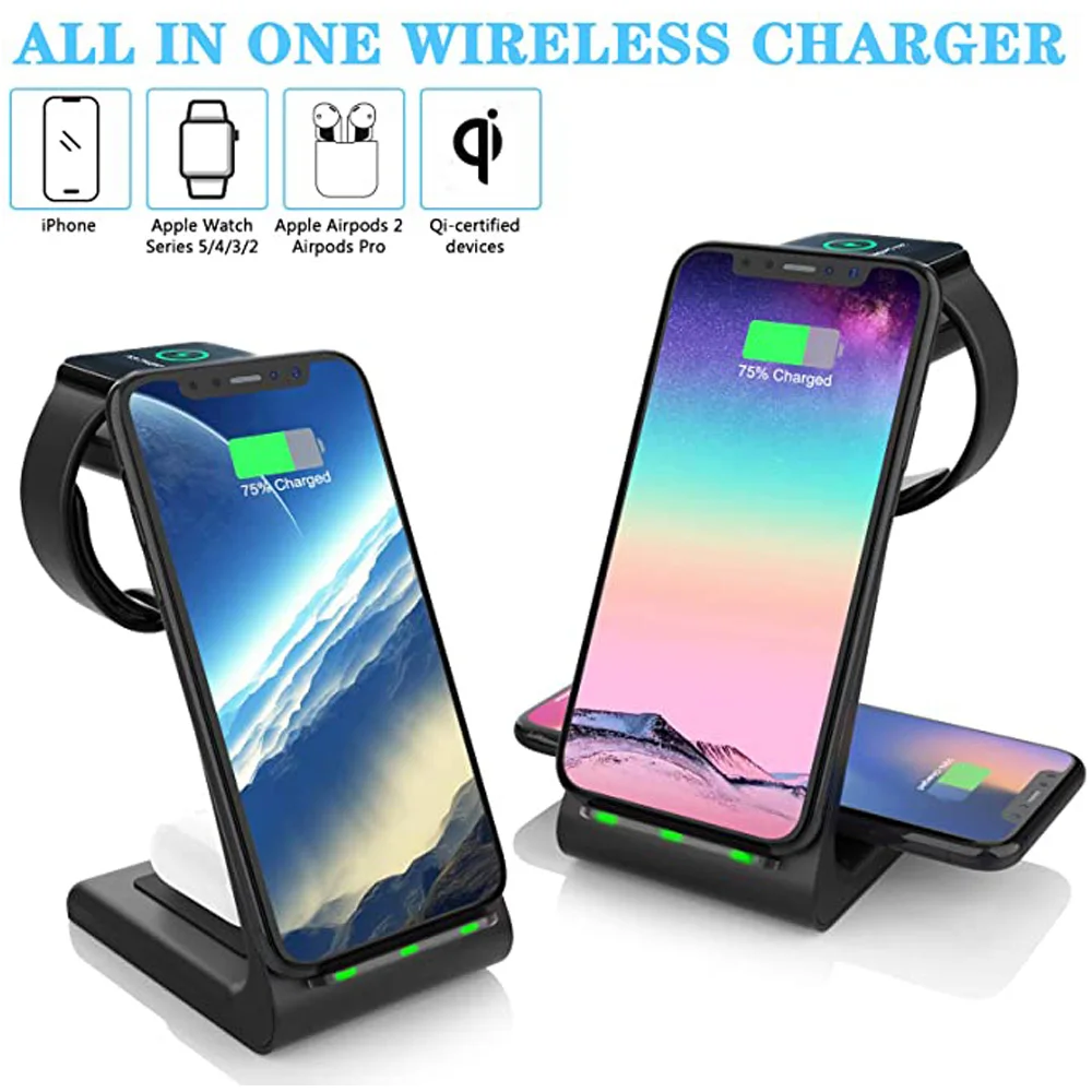 

3 in 1 Wireless Charger Station QI 15W Fast Apple Wireless Charging Stand Dock for iPhone 12/11/8 Pro Max AirPods iWatch Samsung