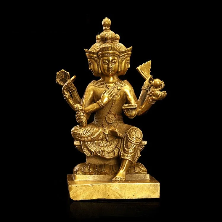 

Китайская Изысканная старинная тибетская латунная статуя Будды с четырьмя лицами и восемью руками, статуя Будды брама, украшение для дома, ...