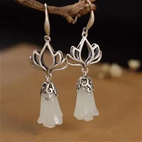 Original design natural Hetian white jade magnolia flower earrings Chinese style retro charm women's brand silver jewelry images - 6