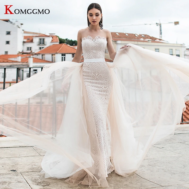 

Elegant Illusion O-Neck Sleeveless Mermaid Wedding Dress 2021 Hot Sale Detachable Train Lace Appliques Button Back Bridal Gown