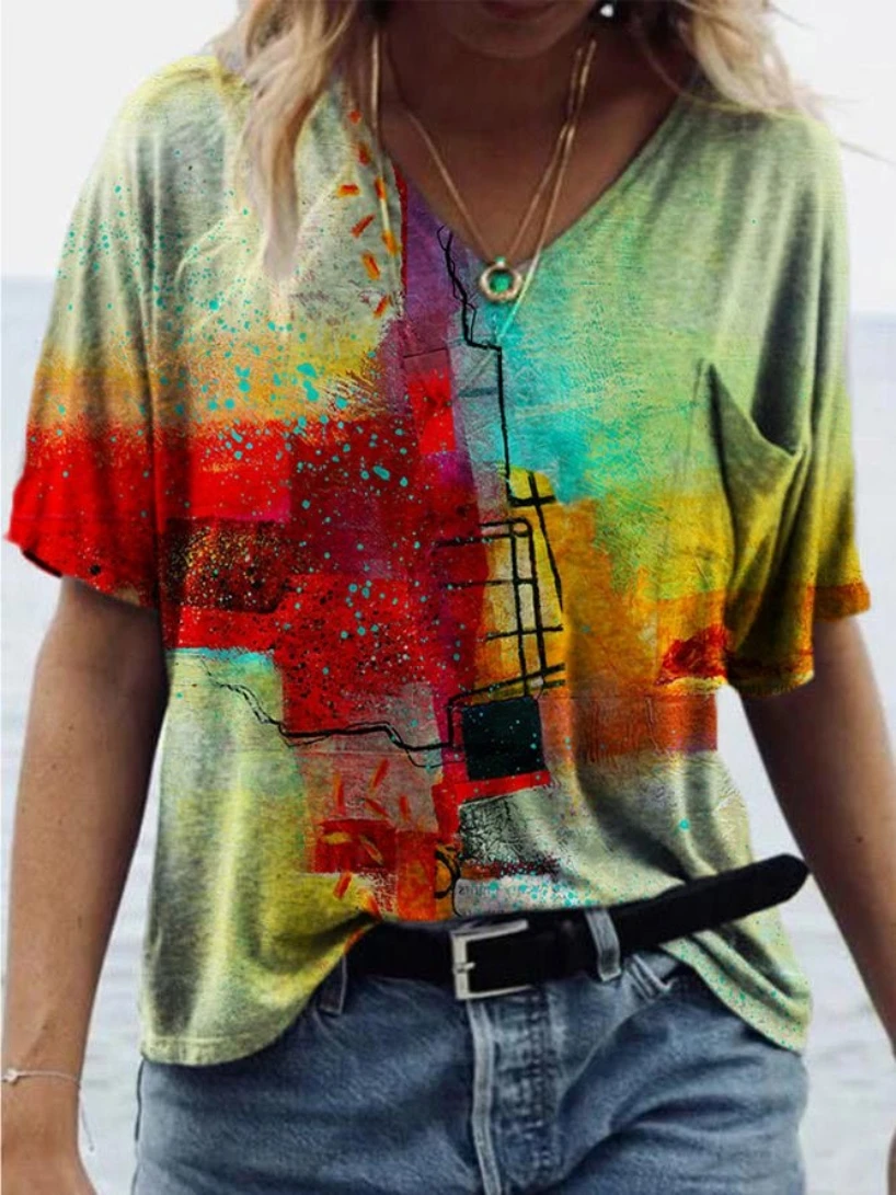 

Summer Women T-Shirts Casual Loose V Neck Skull Painting Flower Print Short Sleeves Female Plus Size Tops Tee Blusas Pullover