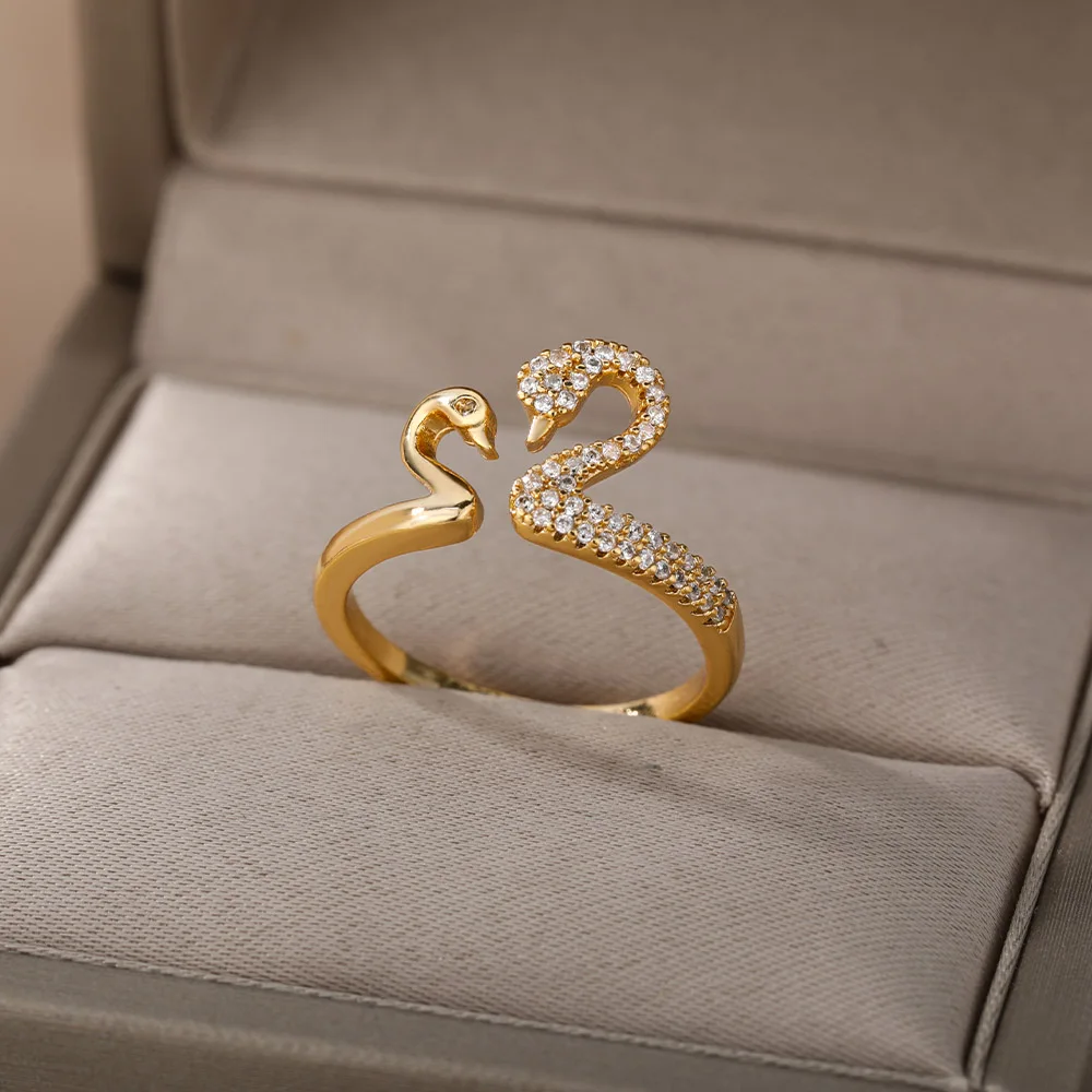

Romantic Look At Each Other Swan Rings For Women Gold Sliver Color Love Openning Couple Rings Wedding Engagement Jewelry Gift