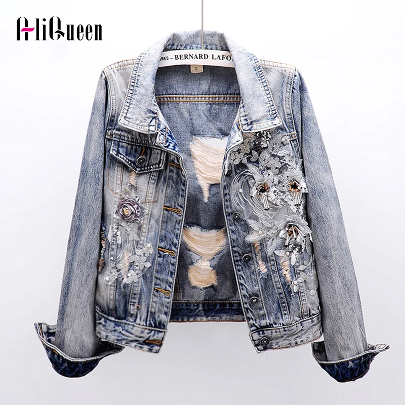 

2021 Autumn Women Heavy Stereo Pink Embroidered Hole Denim Jackets Student Basic Jeans Coats Streetwear Sequin Jacket