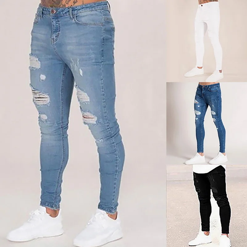 

Puimentiua Mens Solid Color Jeans 2021 New Fashion Slim Pencil Pants Sexy Casual Hole Ripped Design Streetwear