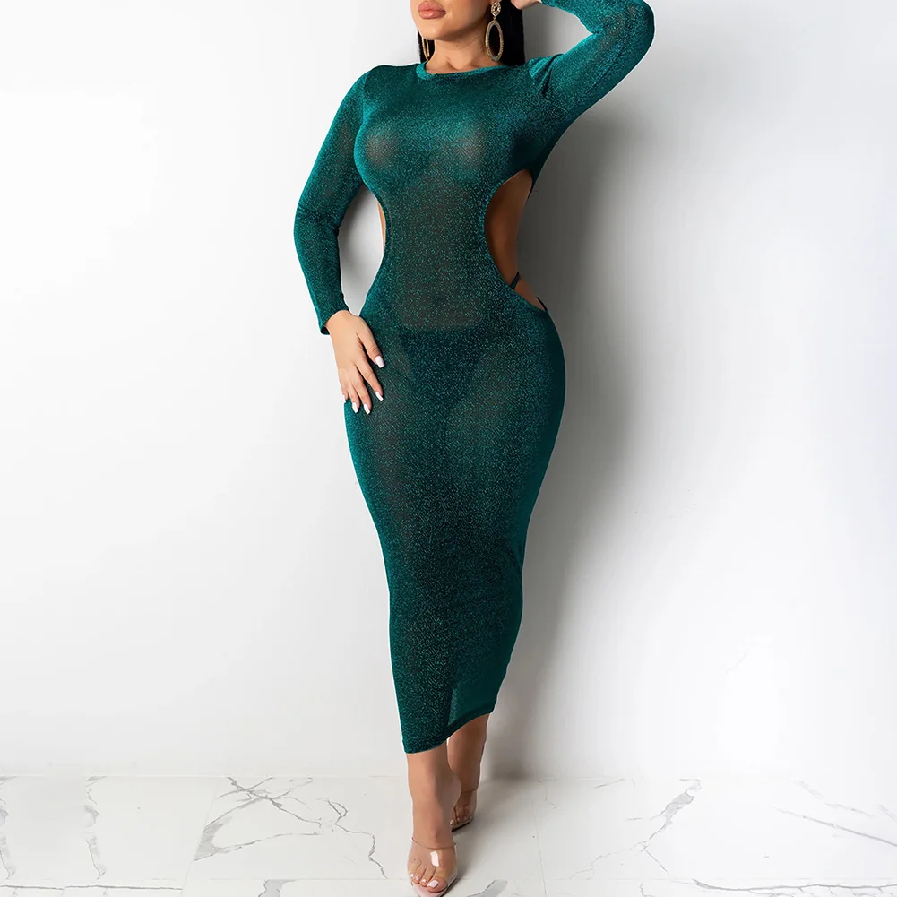 Женское Сетчатое прозрачное сексуальное платье Bikitique обтягивающее с круглым