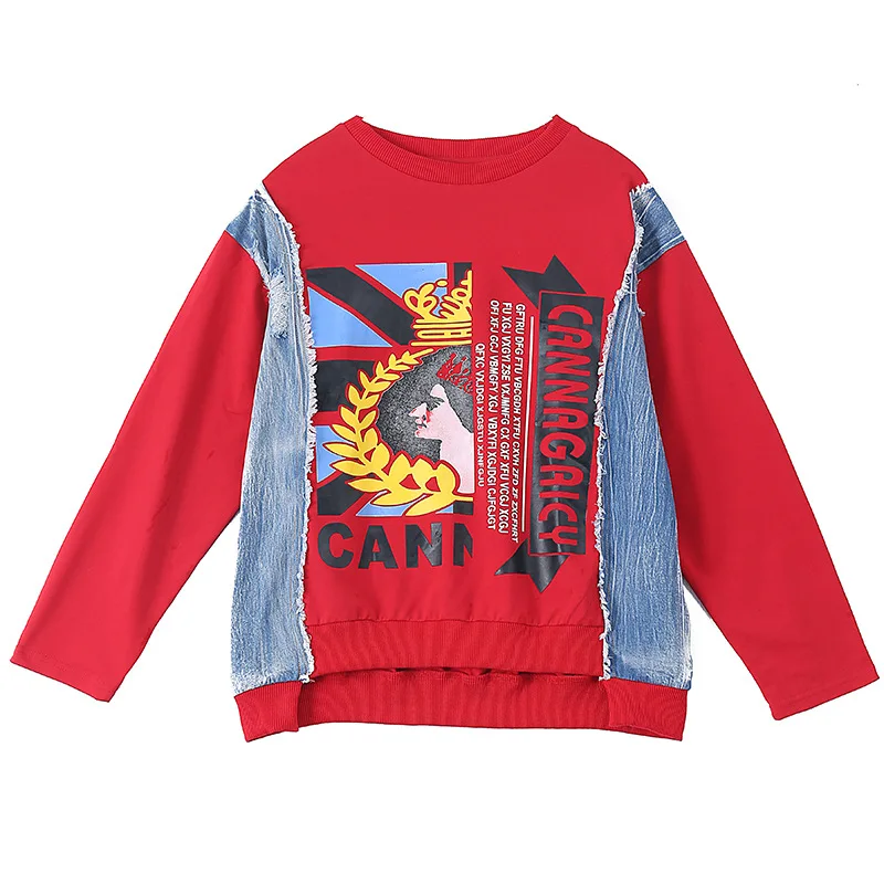 

2021 Hot Sale Plus Size Women Hoodies Hip Pop Style Trendy Girls O Neck Letters Print Patched Denim Sweatshirt Spring Tops