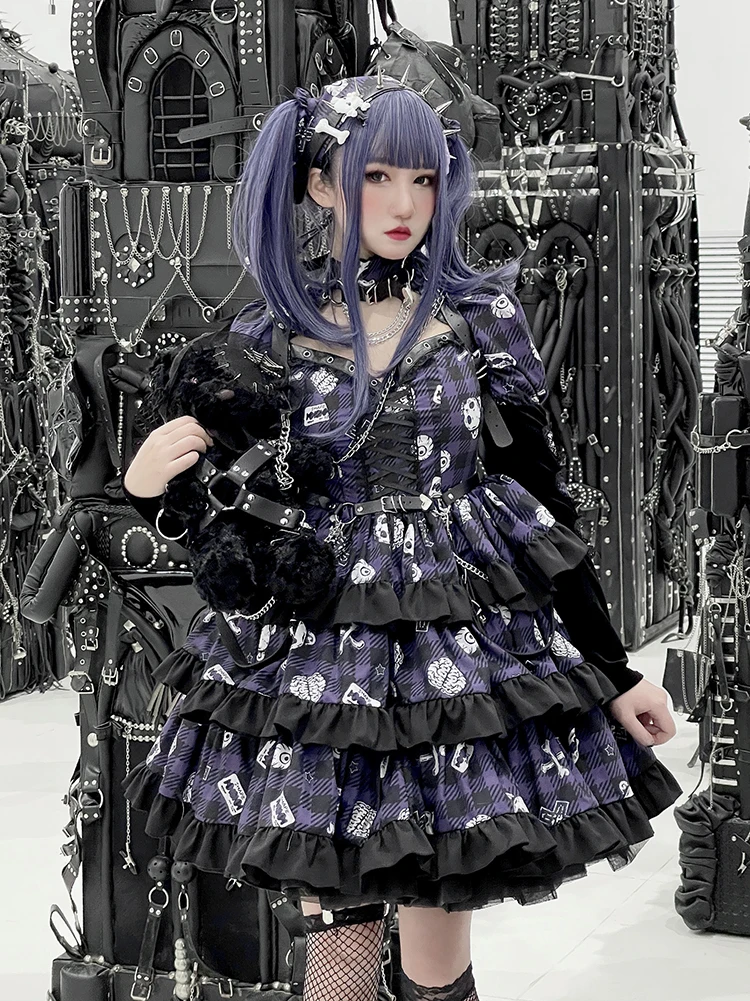 

Japanese Harajuku Vintage Violet Printing Bandage Stitching Hot Girl Fashion Lolita Temperament Long Sleeve Kawaii Dress