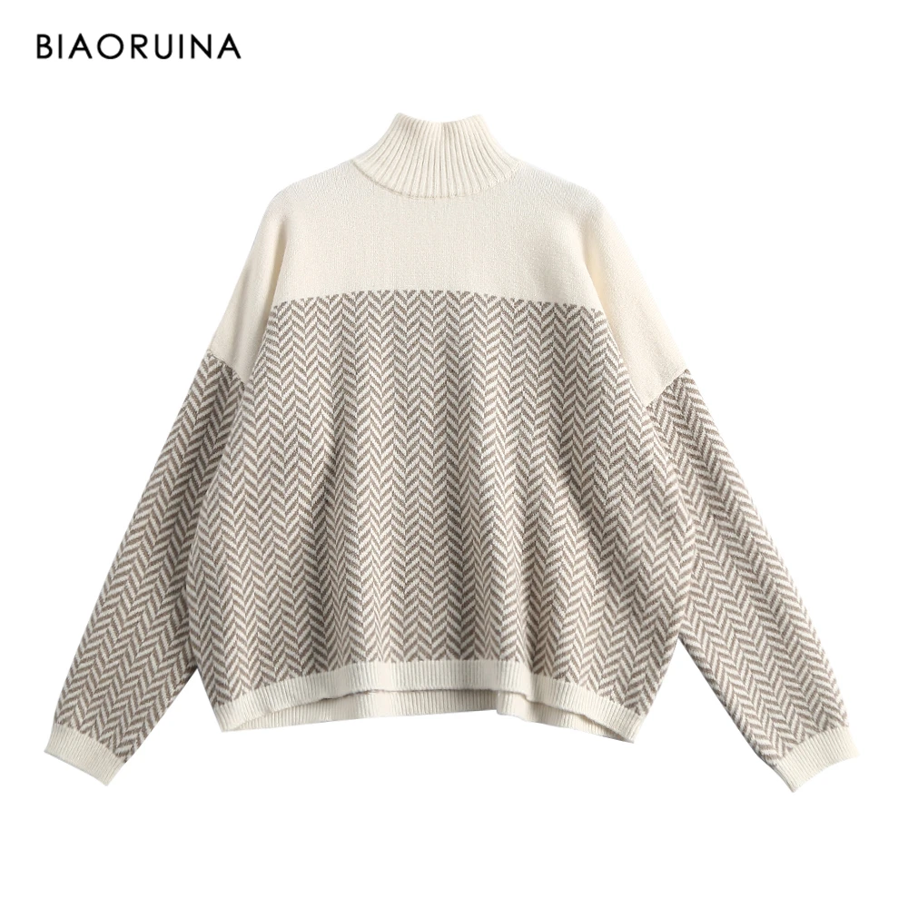 BIAORUINA женский модный саржевый вязаный свитер с высоким воротом офисный толстый