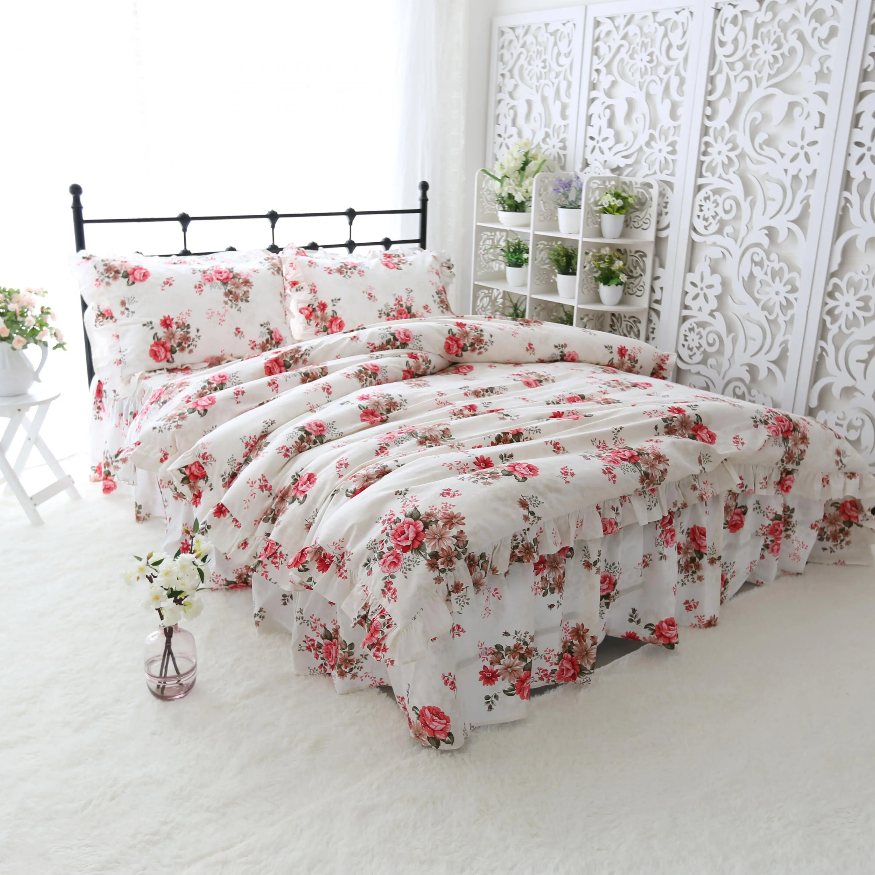 

100%Cotton Ultra Soft Breathable Bedding Duvet Cover Set Twin Full Queen size Vibrant Floral Print Ruffles Bedding set Bedskirt