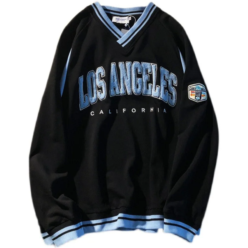 

Vintage Embroidered Sweater Women V-neck 2021 Spring Autumn New Ins Korean Fashion Loose Lovers Letter Printing Long Sleeve Top