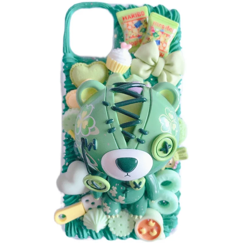 

Handmade For iPhone 12 pro max case 3D Cartoon Bear iP 11 Kawaii phone shell XR XS MAX DIY cream cover 7/8 plus SE20 12mini Gift