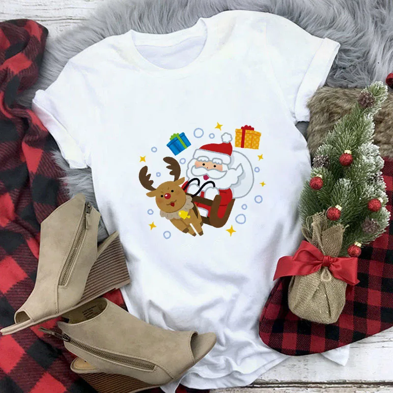 

Christmas Santa Claus Elk Print T Shirt Women Short Sleeve O Neck Loose Tshirt Women Tee Shirt Tops Clothes Camisetas Mujer
