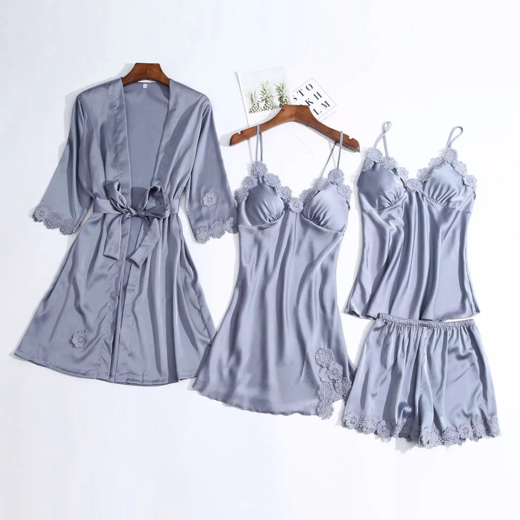 4 шт. сексуальное нижнее белье Женский пижамный комплект Шелковый кружевной