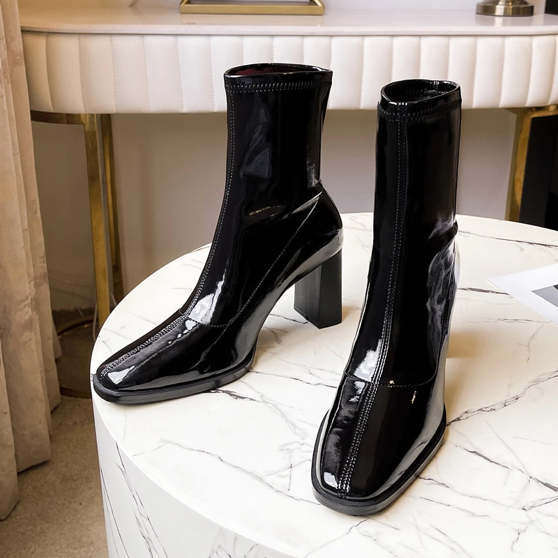 

Осенне-зимние эластичные сапоги на высоком каблуке замшевые женские сапоги с квадратным носком Теплые, элегантная пикантная женская обувь ...