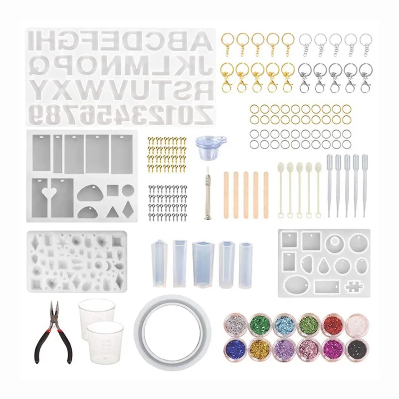 

186 Pieces Resin Molds Casting Starter Kit Alphabet Number Silicone Mold Tools Set for Keychain Jewelry Making